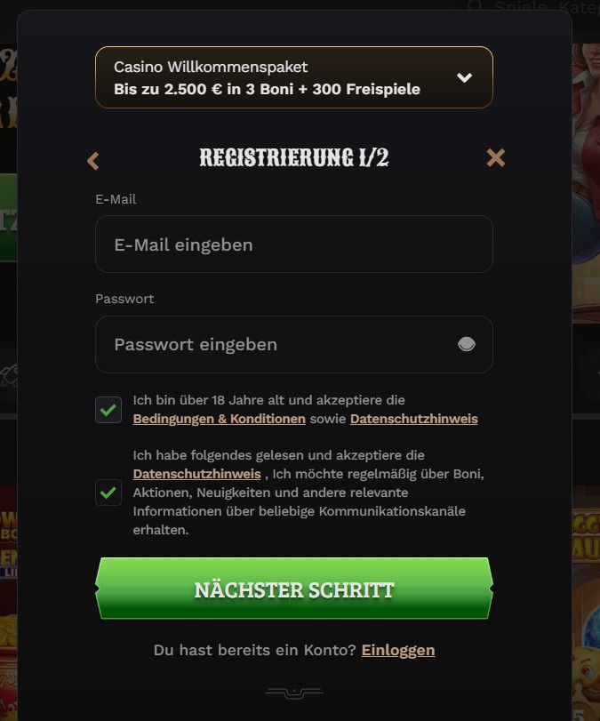 Registrierung Schritt 1: E-Mail, Passwort und zwei getrennte Zustimmungen