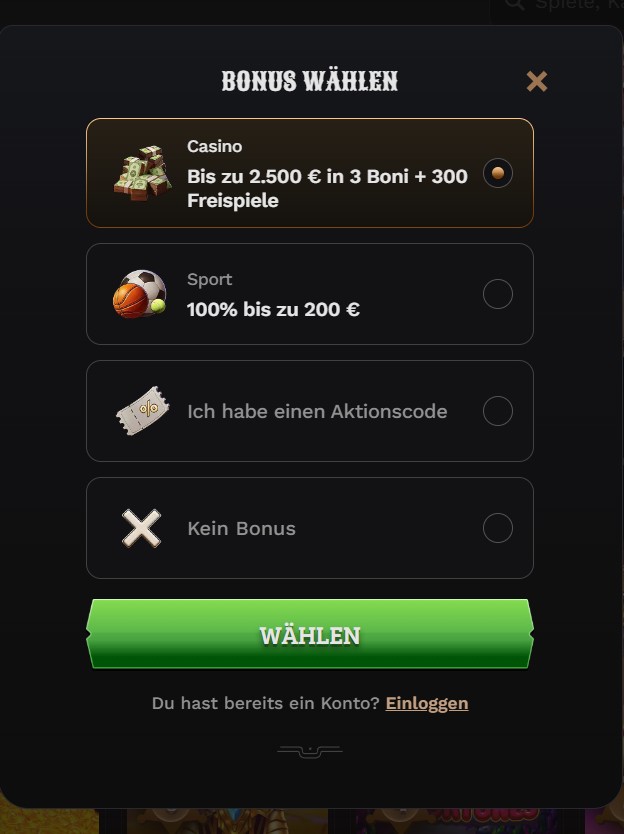 Bonusauswahl: Casino, Sport, Aktionscode oder kein Bonus